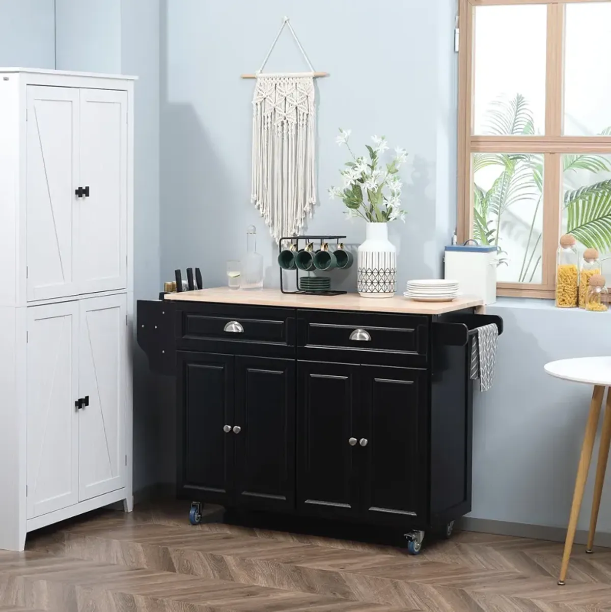 Black Culinary Aid: Rolling Kitchen Island with Wood Top & Storage