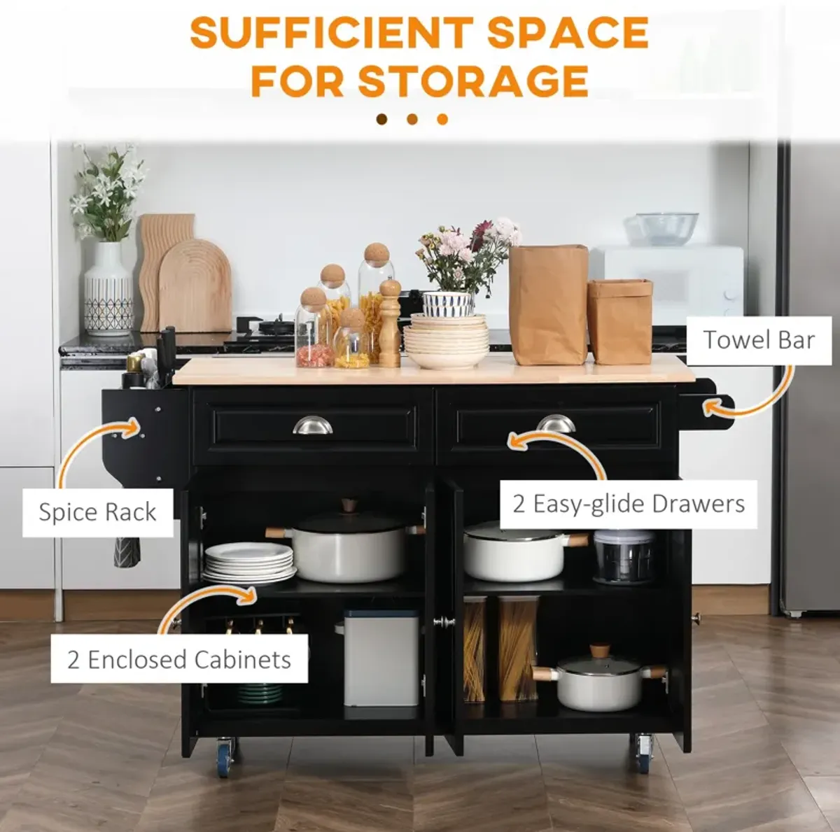 Black Culinary Aid: Rolling Kitchen Island with Wood Top & Storage