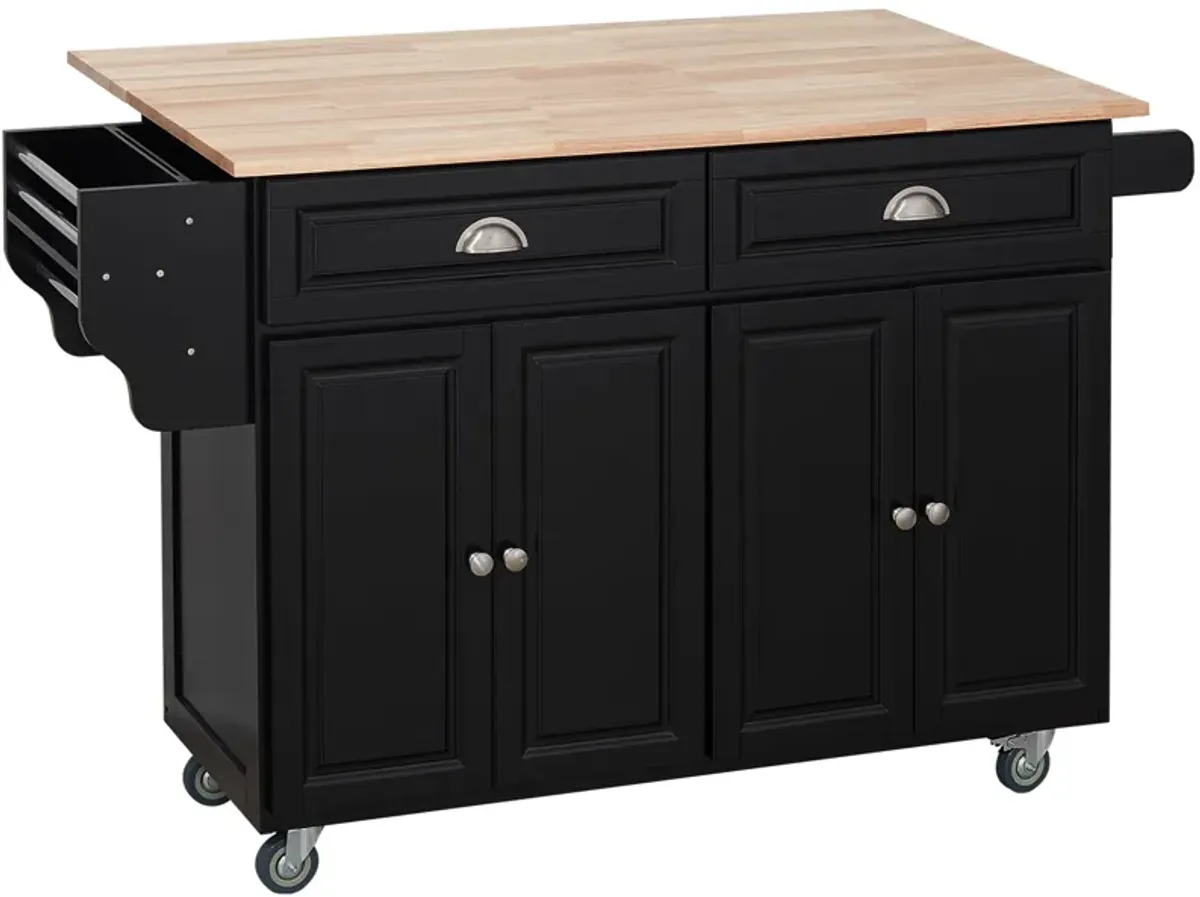 Black Culinary Aid: Rolling Kitchen Island with Wood Top & Storage