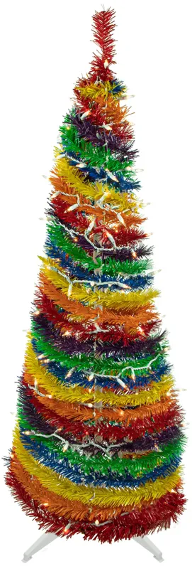 4' Pre-Lit Rainbow Tinsel Pop-Up Artificial Christmas Tree  Clear Lights