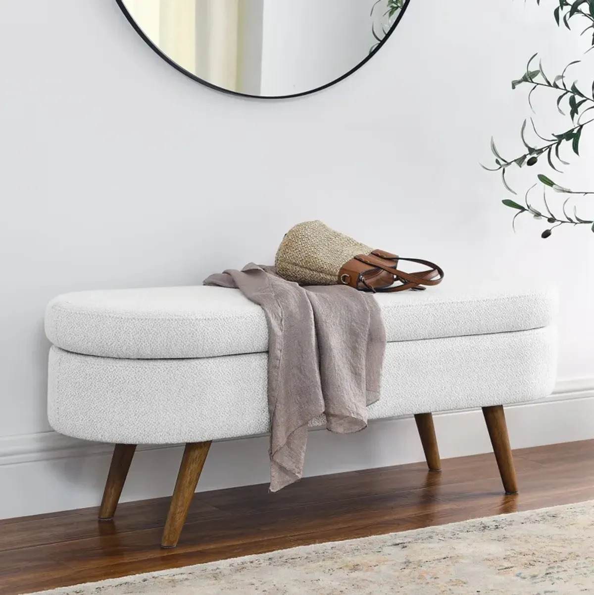 Hivvago Oval Shaped Ottoman Linen Storage Bench with Wooden Legs