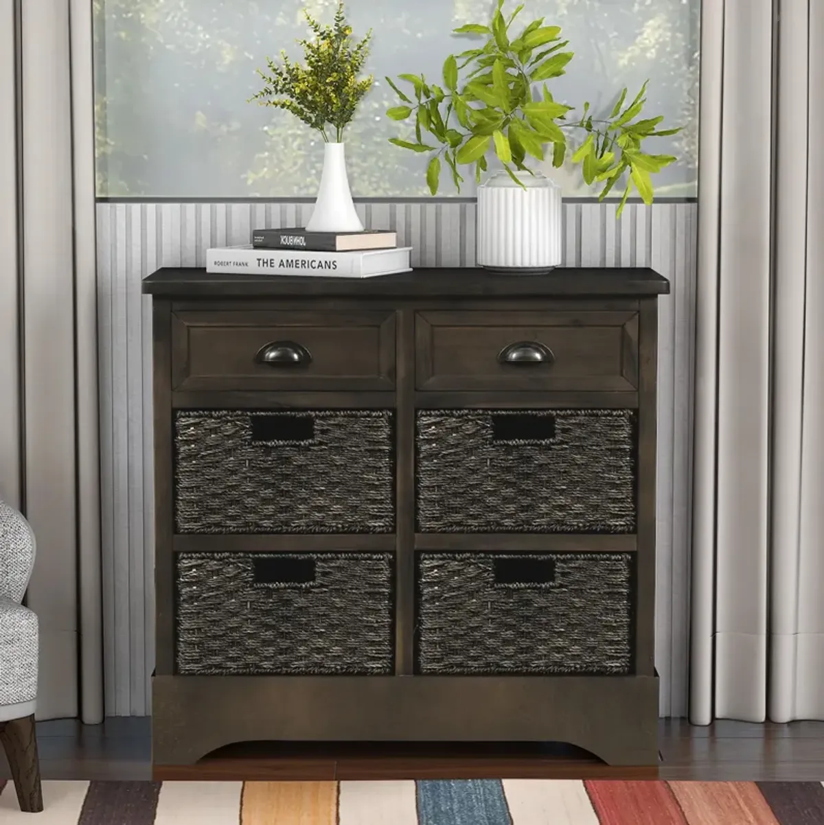 Rustic Storage Cabinet With Two Drawers And Four Classic Rattan Basket