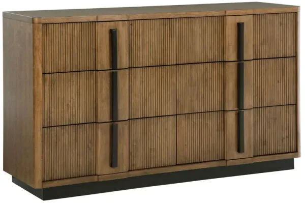 Reon Wide Dresser, 6 Drawers, Decorative Reeded Ash Brown Black Wood - Benzara