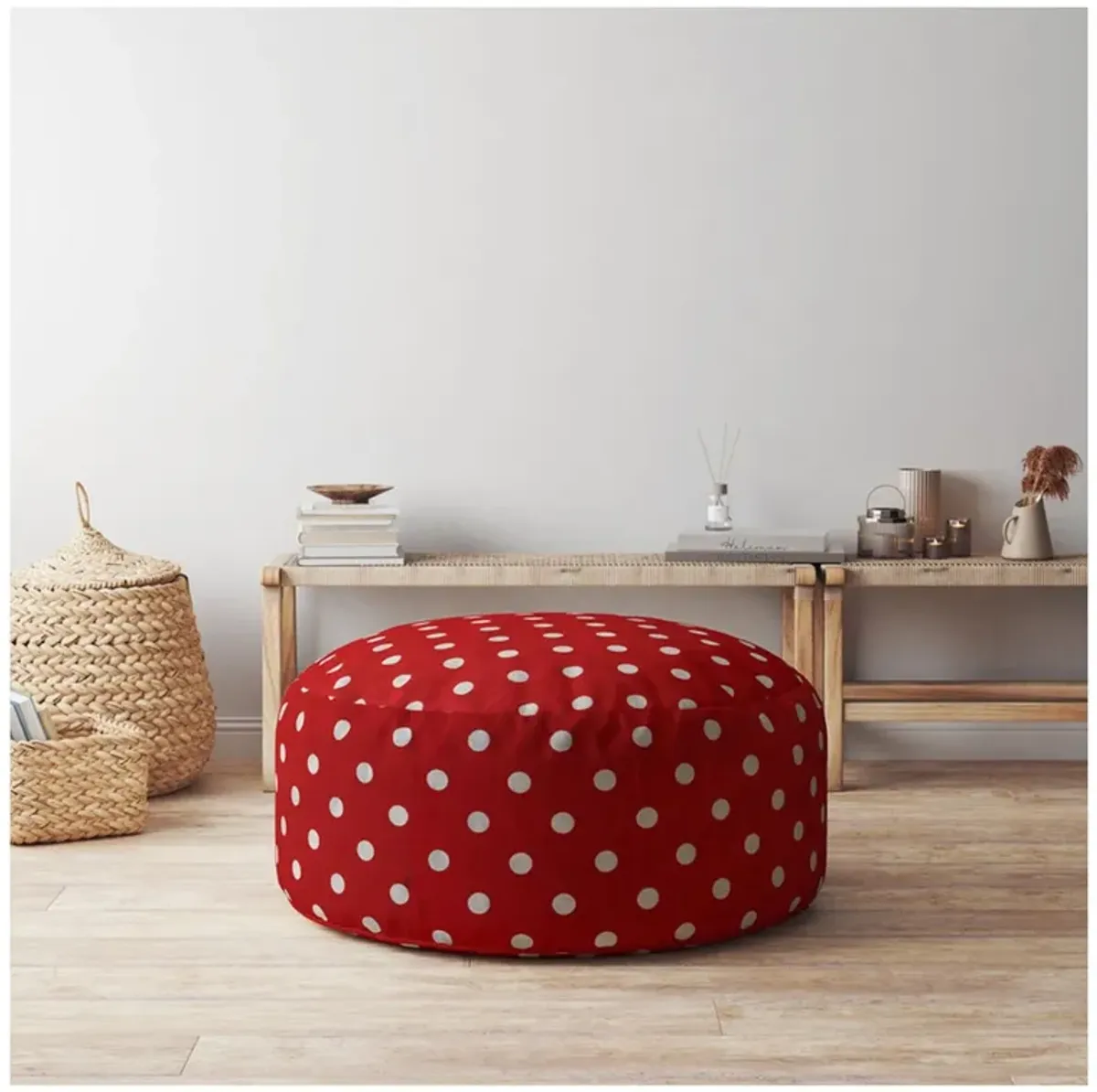 Homezia 24" Red And White Cotton Round Polka Dots Pouf Ottoman