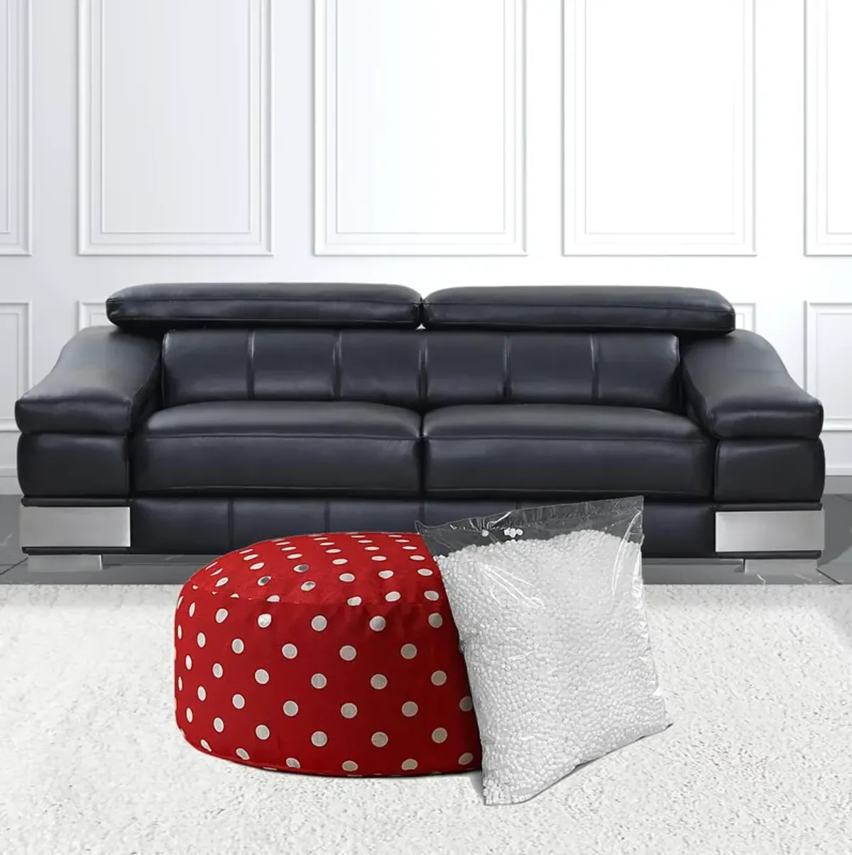 Hivvago 24" Red And White Cotton Round Polka Dots Pouf Ottoman