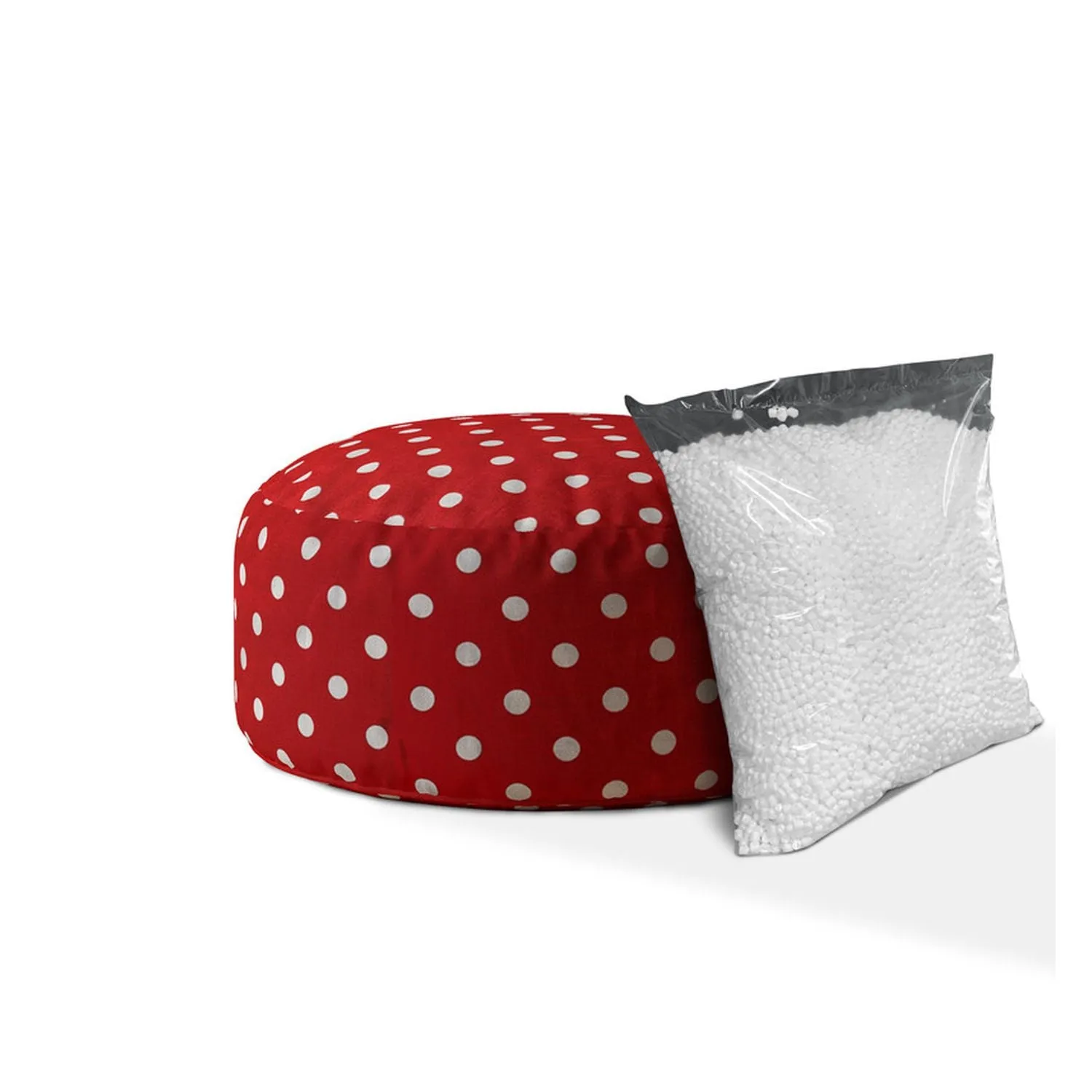 Homezia 24" Red And White Cotton Round Polka Dots Pouf Ottoman