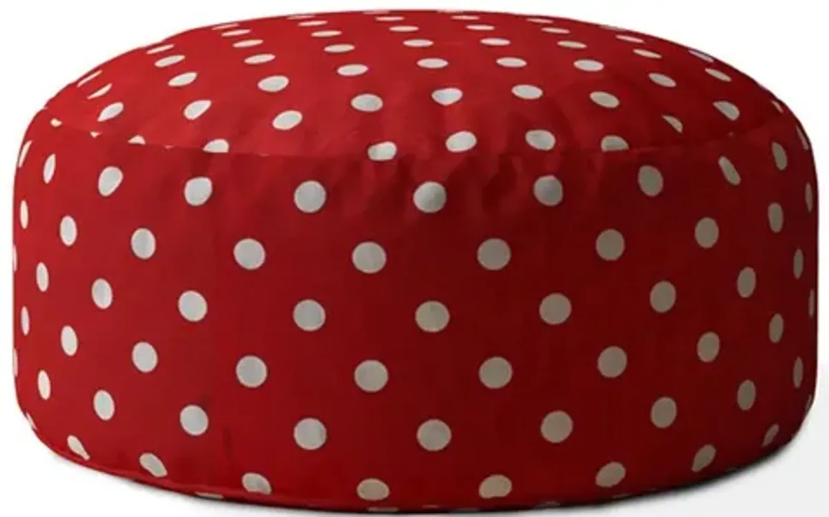 Homezia 24" Red And White Cotton Round Polka Dots Pouf Ottoman