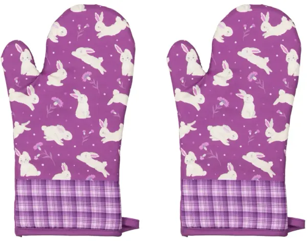 Set of 2 Purple Floral Easter Bunny Oven Mitts 13.75"