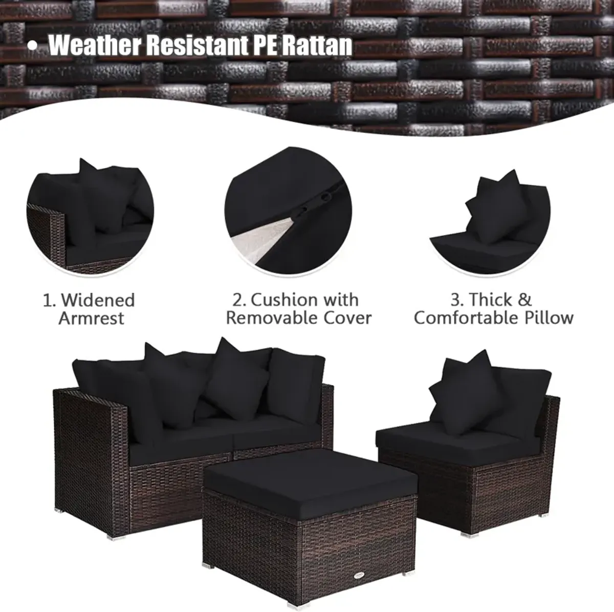 4 Pcs Ottoman Garden Deck Patio Rattan Wicker Furniture Set Cushioned Sofa