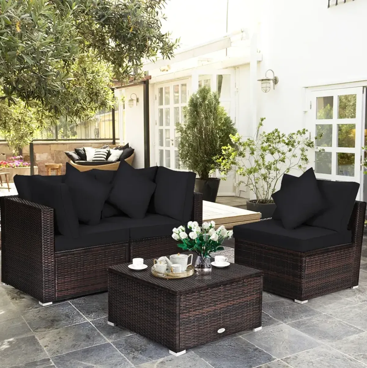 4 Pcs Ottoman Garden Deck Patio Rattan Wicker Furniture Set Cushioned Sofa