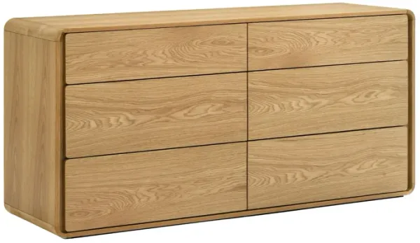 Aki 59 Inch Wide Dresser, 6 Drawers, Natural Brown Rubberwood and Veneer - Benzara