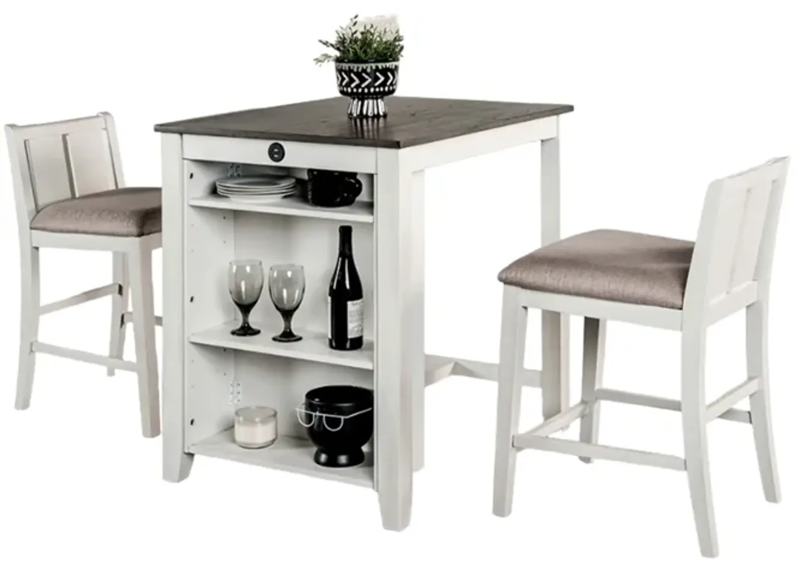 Lessi 3pc Counter Height Table Set with Side Shelf, USB , White Gray Wood