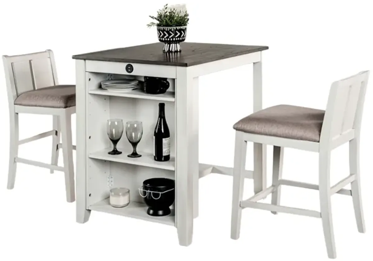 Lessi 3pc Counter Height Table Set with Side Shelf, USB , White Gray Wood