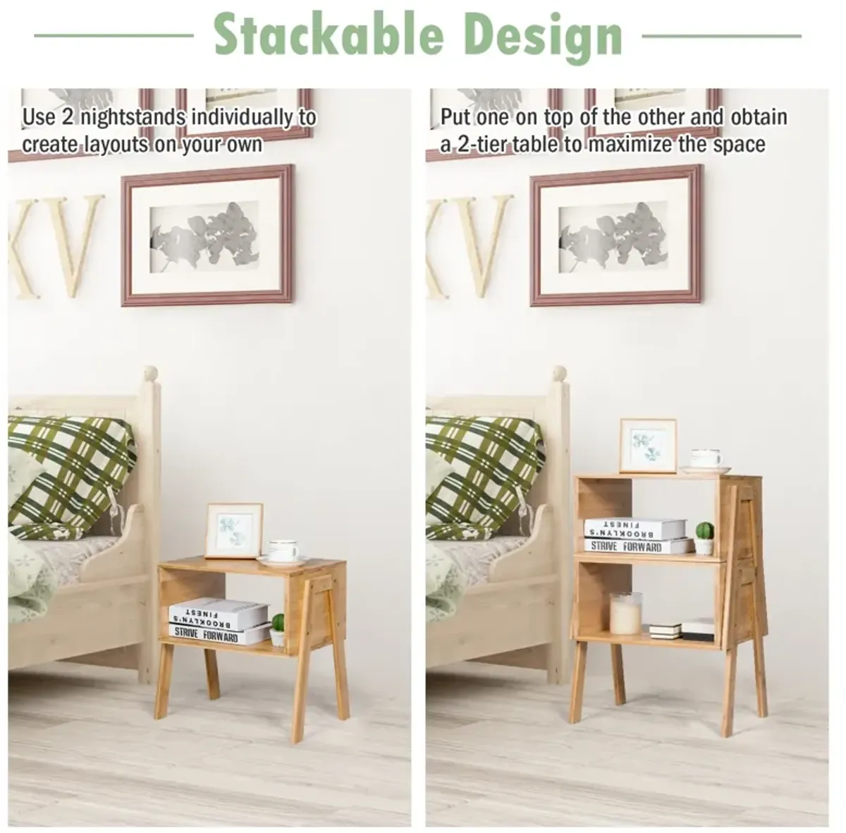 2 Pieces Wicker Nightstand Sofa Table with Storage Shelf