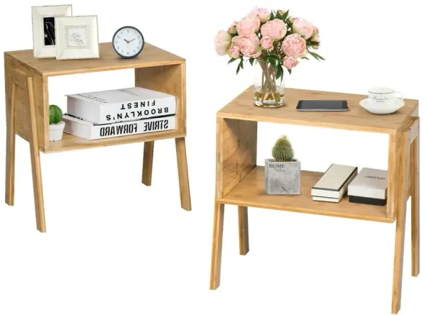 2 Pieces Wicker Nightstand Sofa Table with Storage Shelf