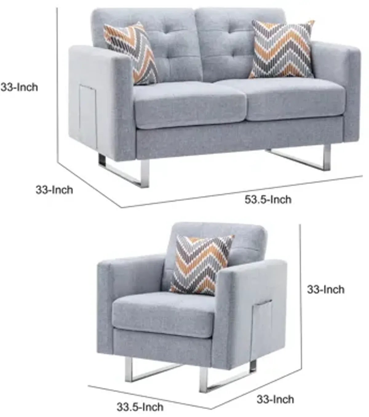 Lewa Armchair and Loveseat Set, Tufted Seat, Silver Metal Legs, Light Gray-Benzara