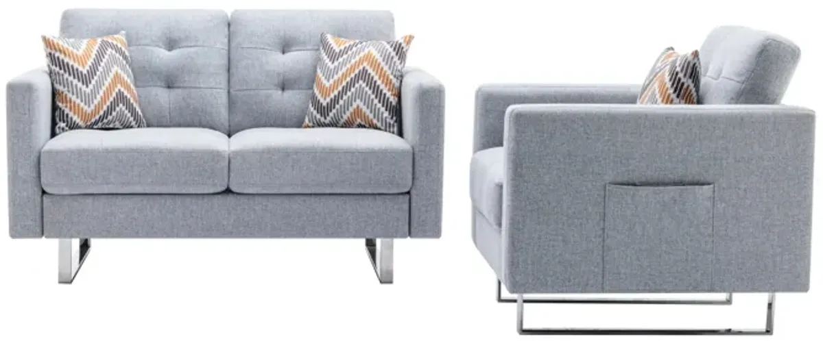 Lewa Armchair and Loveseat Set, Tufted Seat, Silver Metal Legs, Light Gray-Benzara