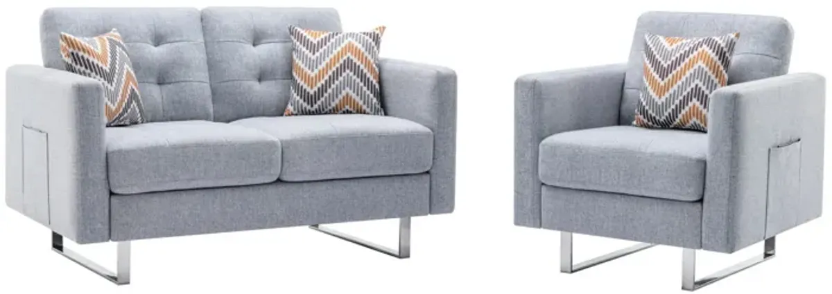 Lewa Armchair and Loveseat Set, Tufted Seat, Silver Metal Legs, Light Gray-Benzara