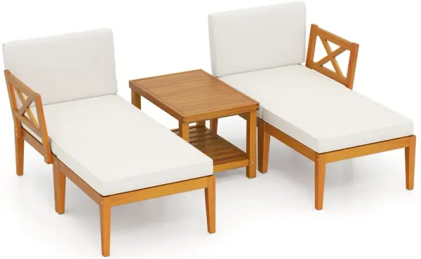 5 Pieces Acacia Wood Patio Chaise Lounge Chair Set with Ottoman and Cushions