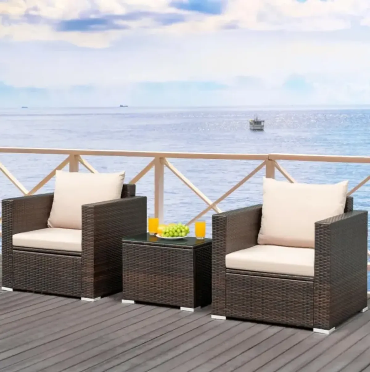 Hivvago 3 Pieces Patio Conversation Rattan Furniture Set with Cushion