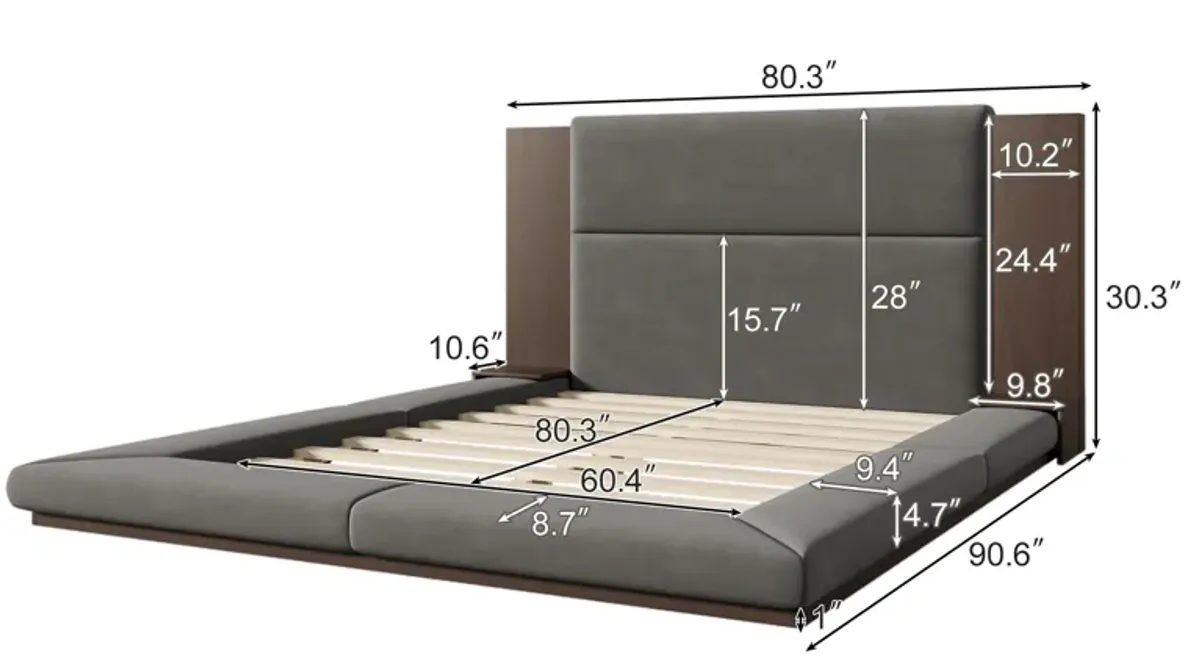 Merax Floor Upholstered Platform Bed with Extended Headboard