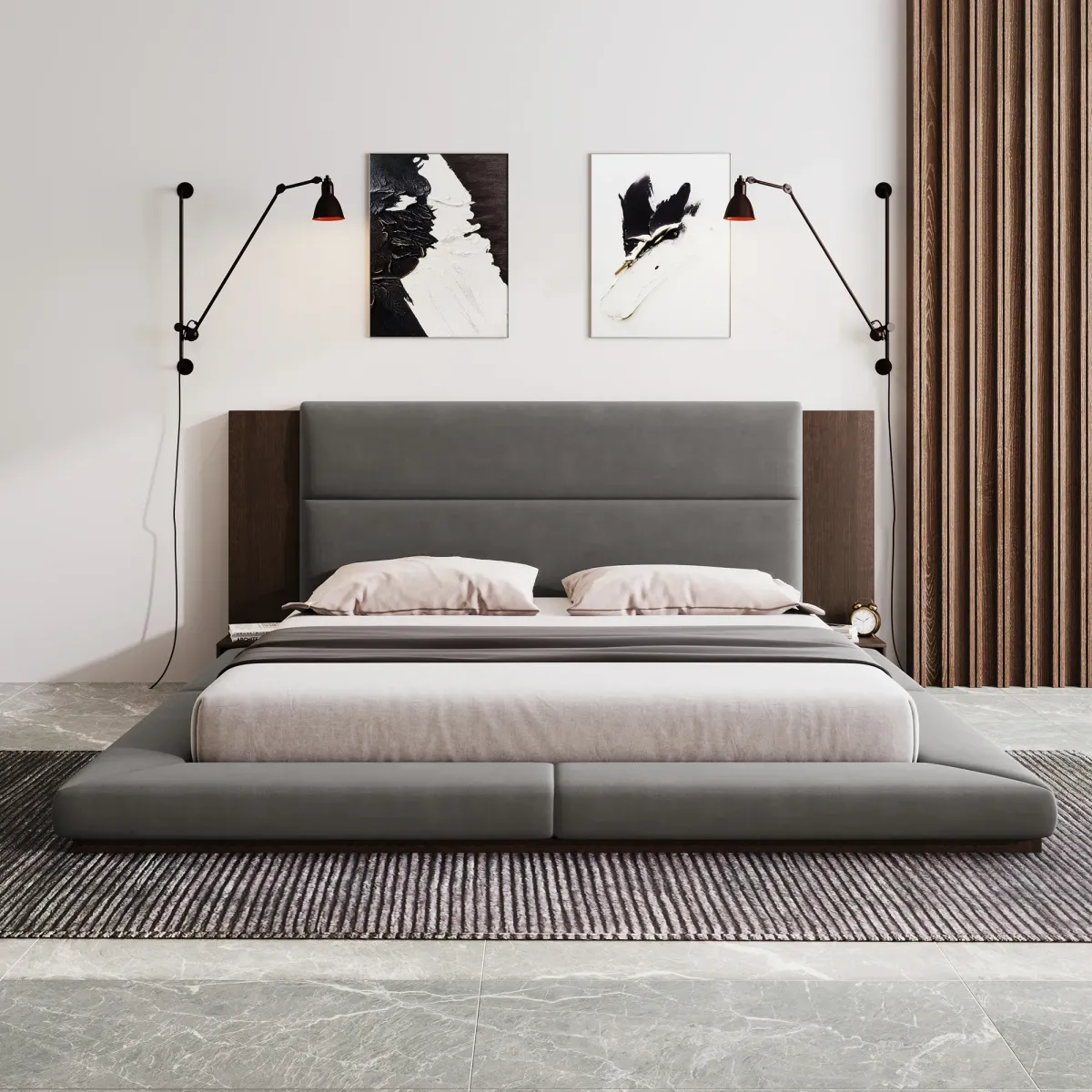 Merax Floor Upholstered Platform Bed with Extended Headboard