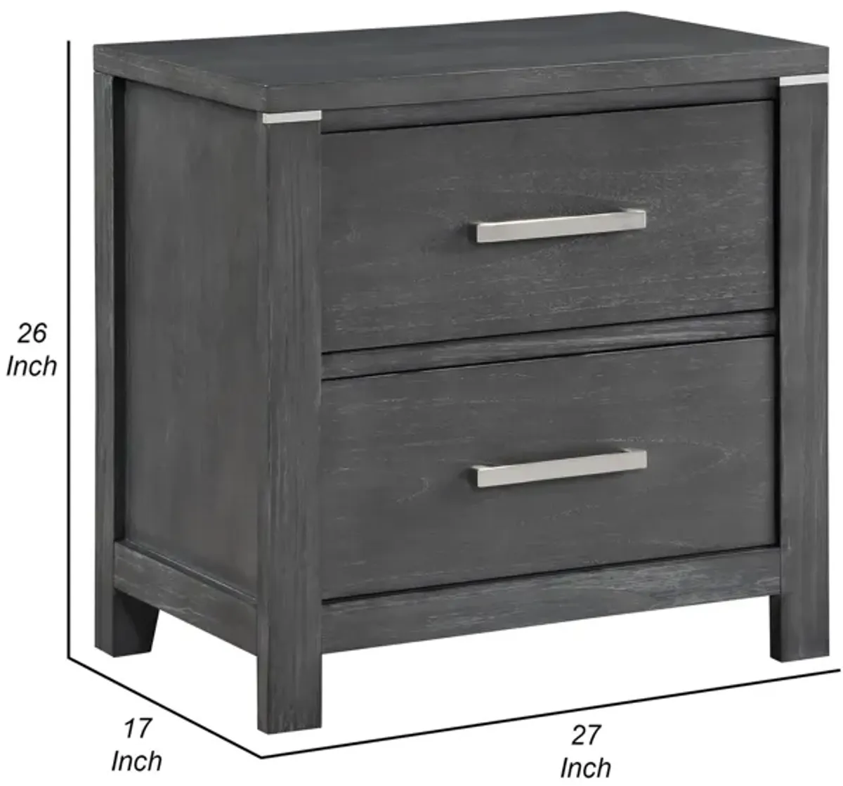 Benjara Tal 27 Inch Nightstand, 2 Drawers Handles, Charcoal Finish, Gray, Chrome