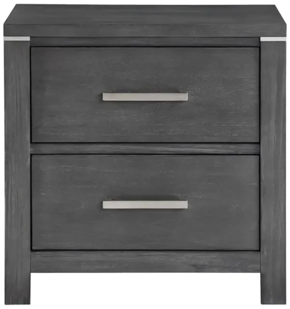 Benjara Tal 27 Inch Nightstand, 2 Drawers Handles, Charcoal Finish, Gray, Chrome