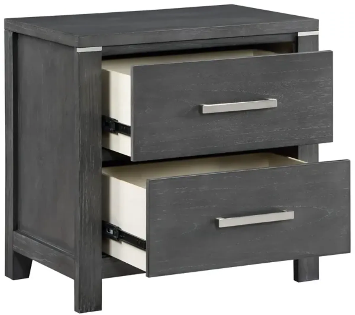 Benjara Tal 27 Inch Nightstand, 2 Drawers Handles, Charcoal Finish, Gray, Chrome