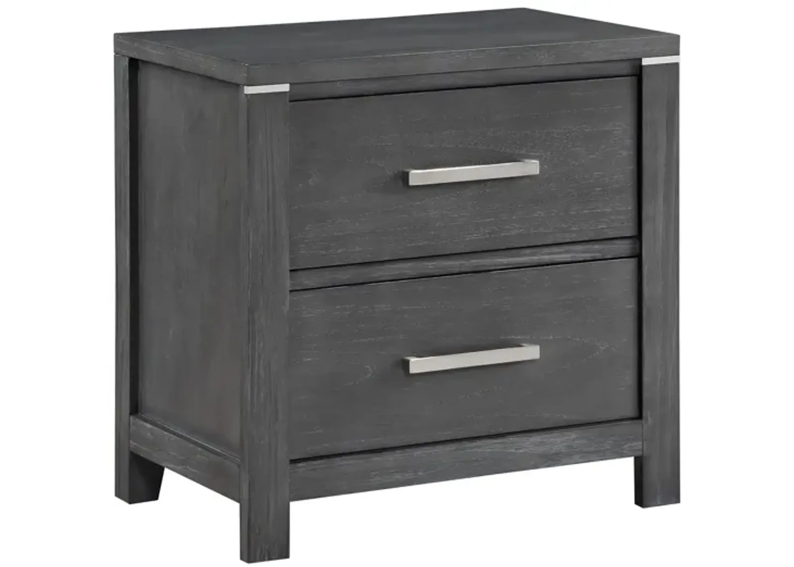 Benjara Tal 27 Inch Nightstand, 2 Drawers Handles, Charcoal Finish, Gray, Chrome