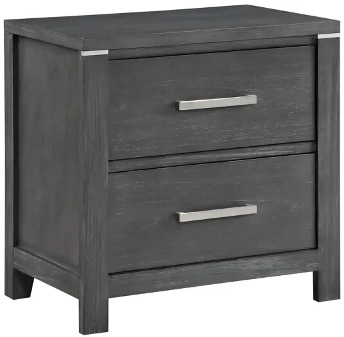 Benjara Tal 27 Inch Nightstand, 2 Drawers Handles, Charcoal Finish, Gray, Chrome