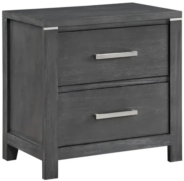 Benjara Tal 27 Inch Nightstand, 2 Drawers Handles, Charcoal Finish, Gray, Chrome