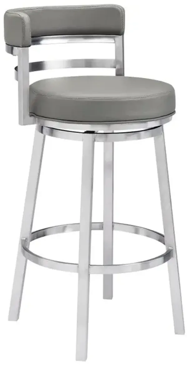 Hivvago 30 Inch Gray And Silver Faux Leather And Iron Swivel Low Back Bar Height Bar Chair