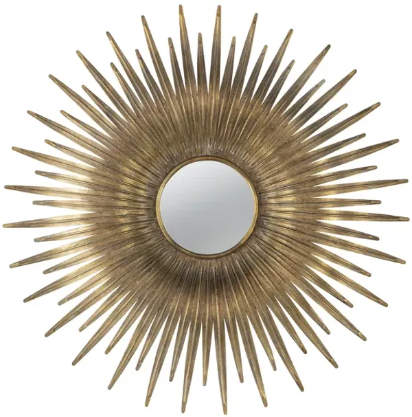 28 Inch Wall Mount Accent Mirror with Round Sunburst Iron Frame,  Gold-Benzara