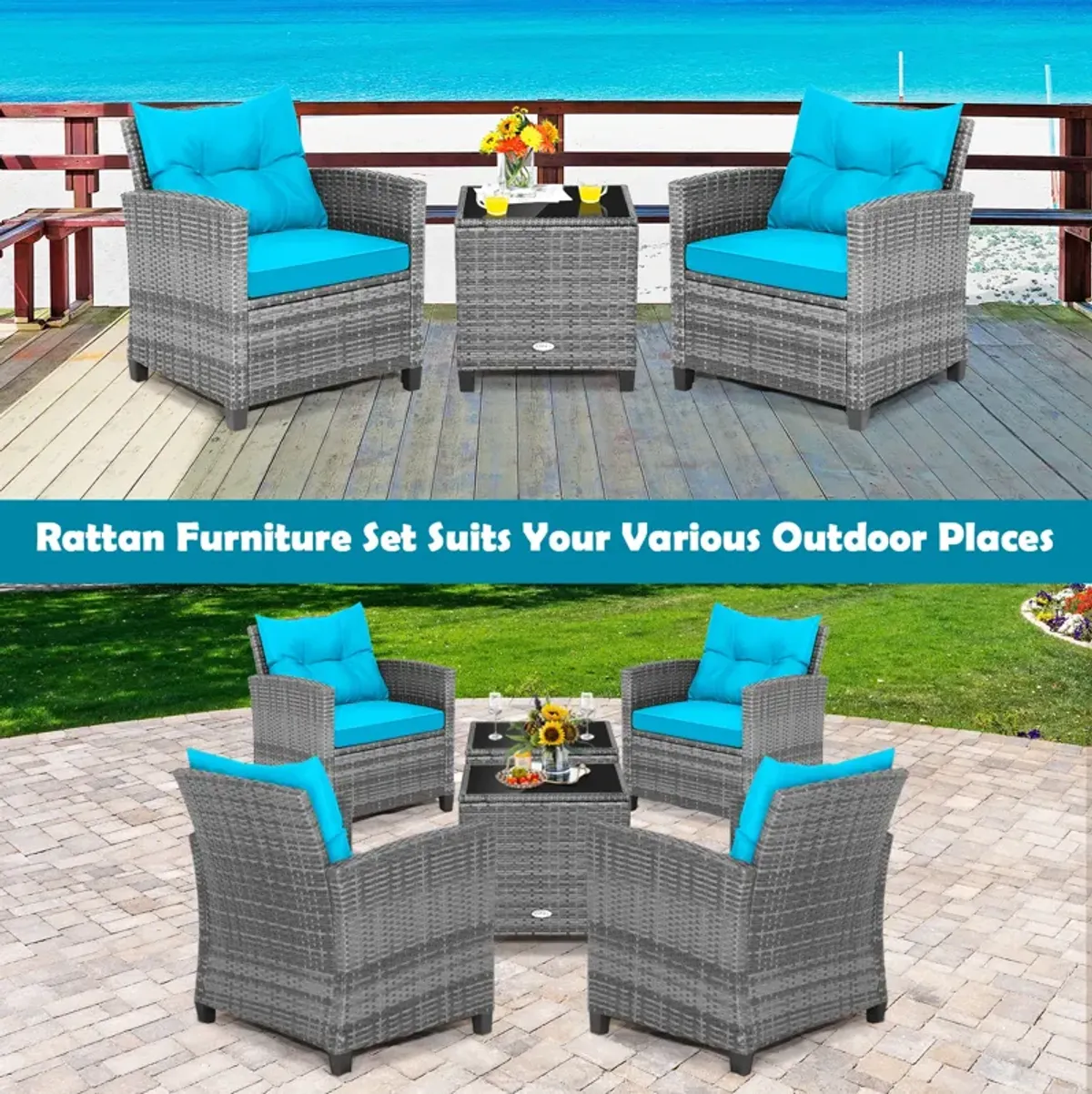 3 Pieces Outdoor Wicker Conversation Set with Tempered Glass Tabletop