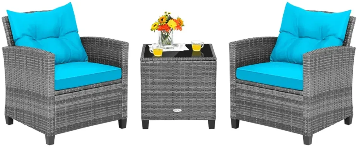 3 Pieces Outdoor Wicker Conversation Set with Tempered Glass Tabletop