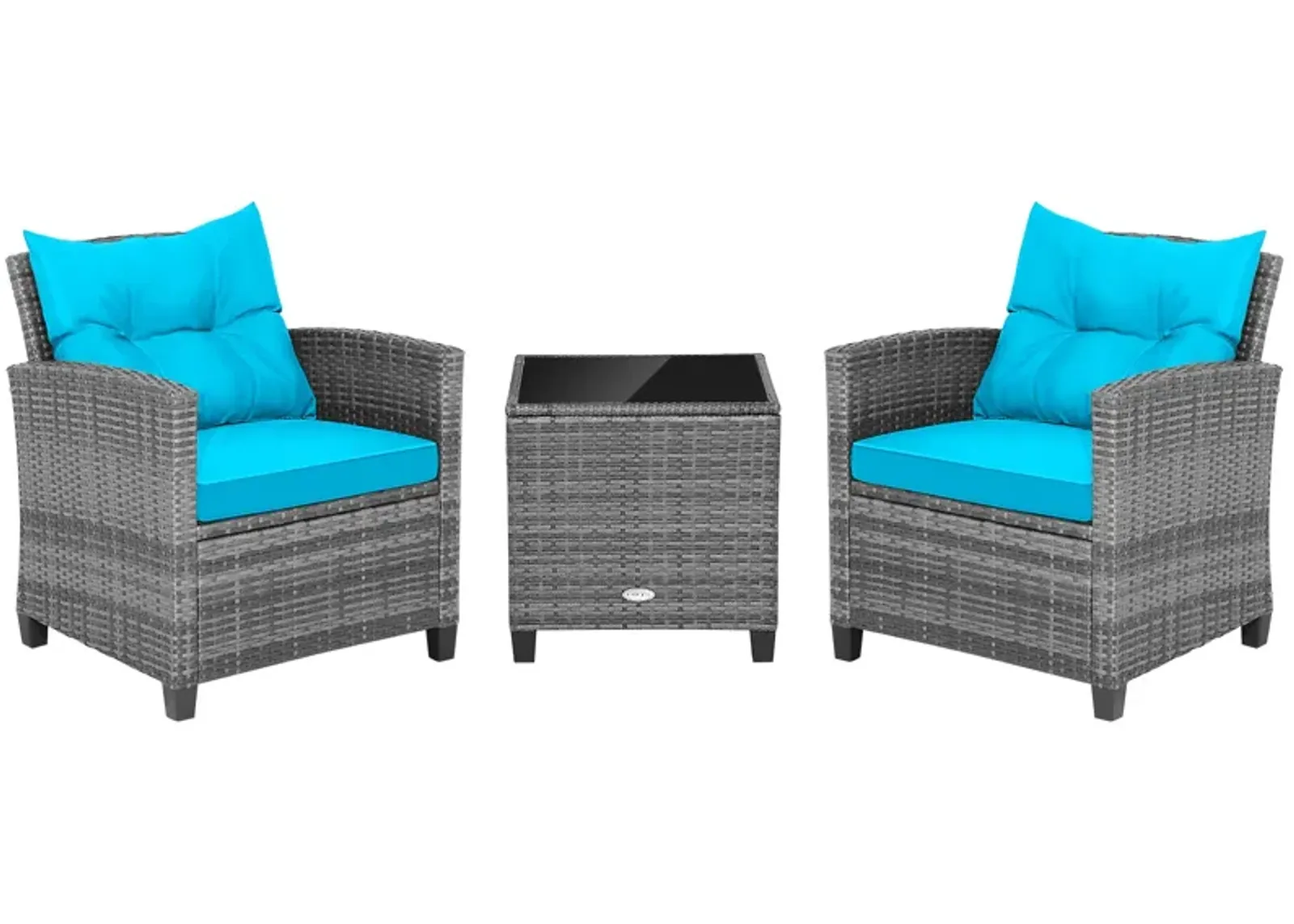 3 Pieces Outdoor Wicker Conversation Set with Tempered Glass Tabletop