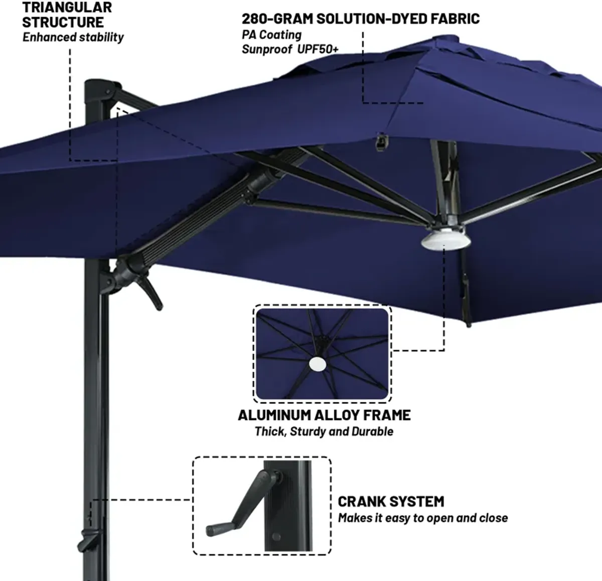 10x13 ft. 360° Rotation Square Cantilever Patio Umbrella with Bluetooth Speaker and LED Light in Navy Blue