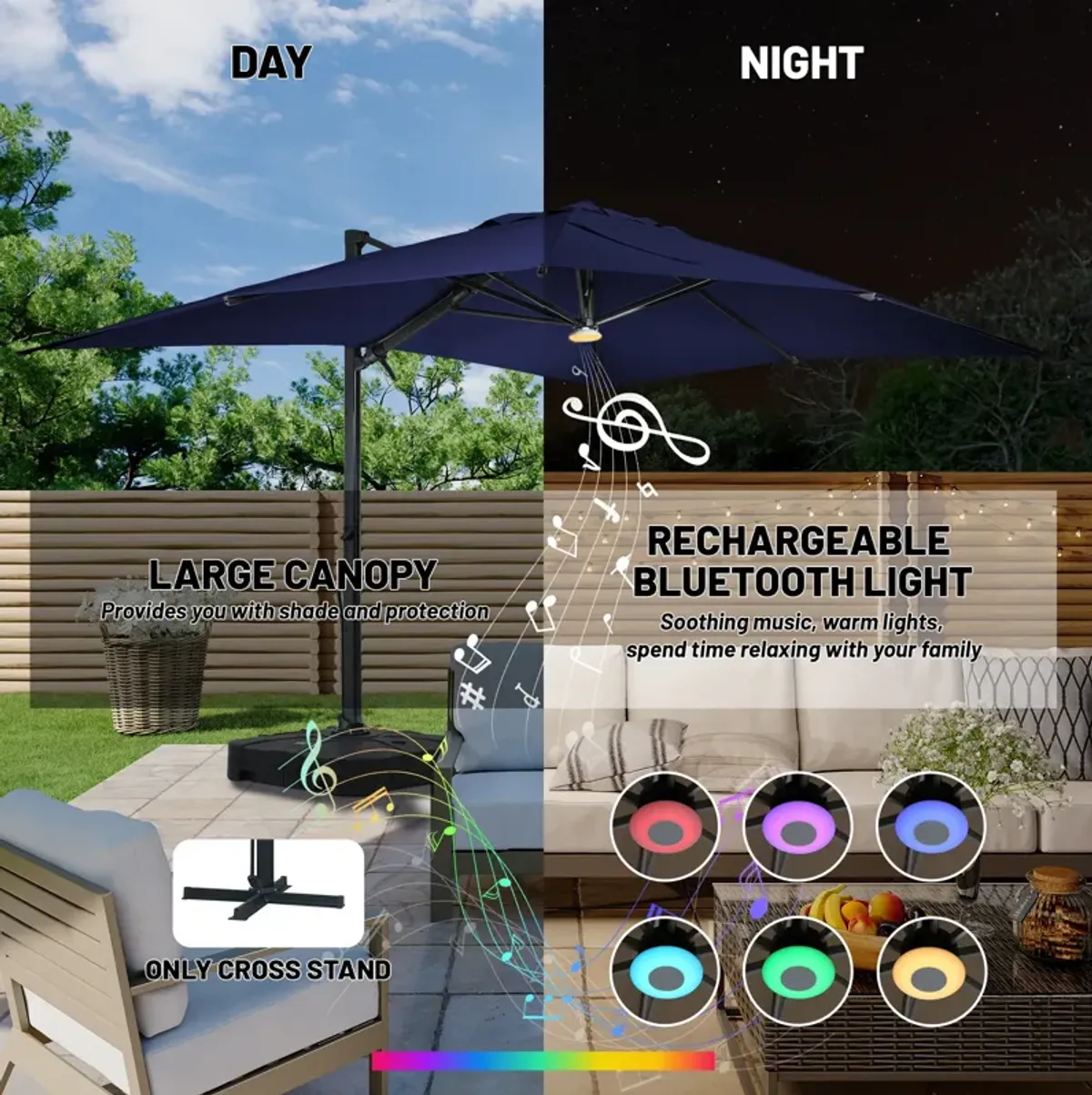 10x13 ft. 360° Rotation Square Cantilever Patio Umbrella with Bluetooth Speaker and LED Light in Navy Blue