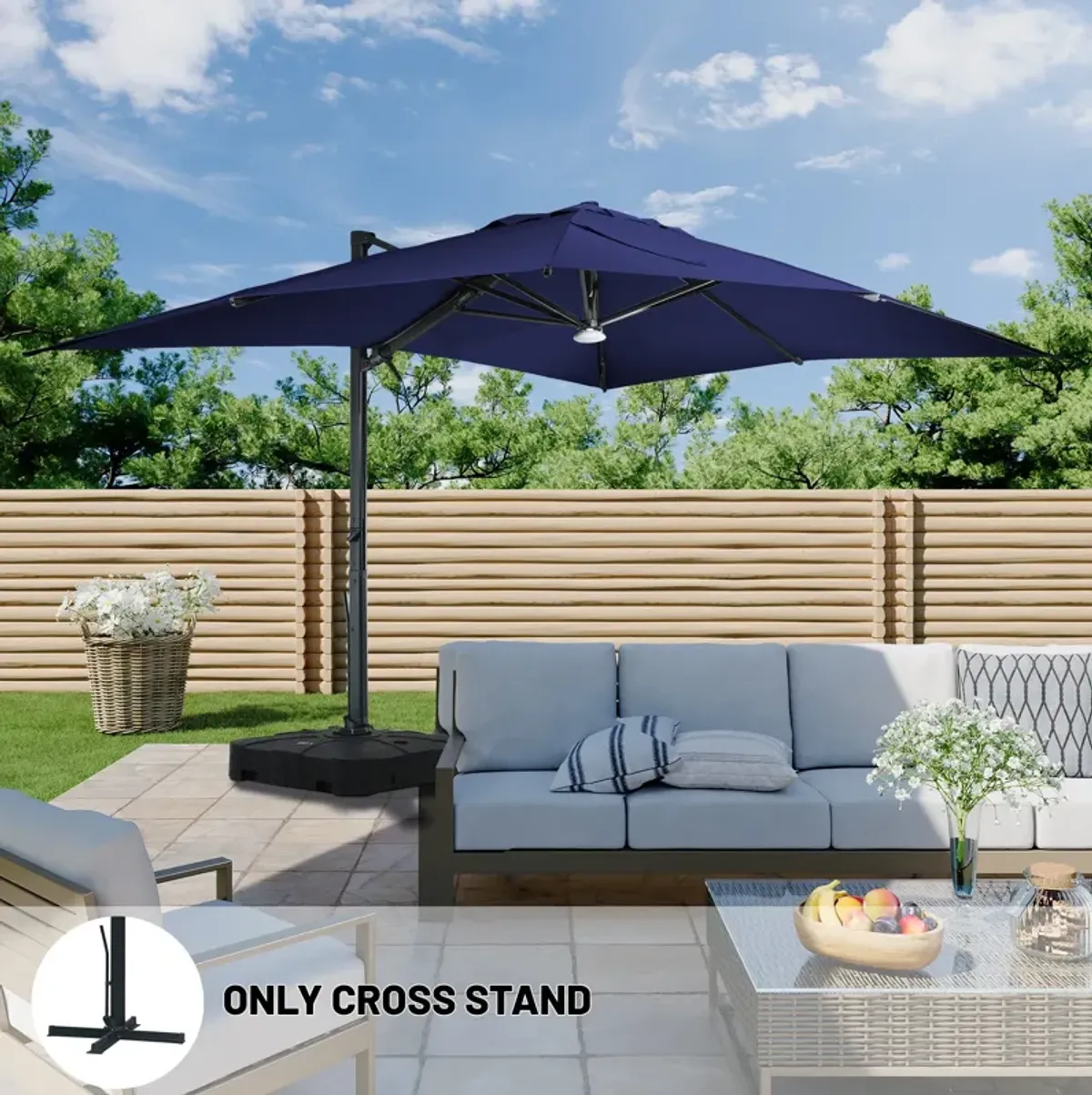 10x13 ft. 360° Rotation Square Cantilever Patio Umbrella with Bluetooth Speaker and LED Light in Navy Blue