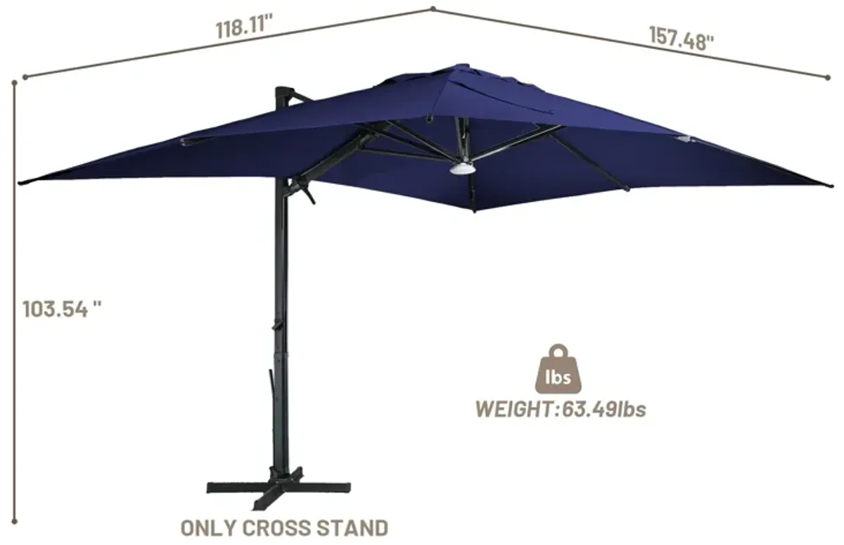 10x13 ft. 360° Rotation Square Cantilever Patio Umbrella with Bluetooth Speaker and LED Light in Navy Blue