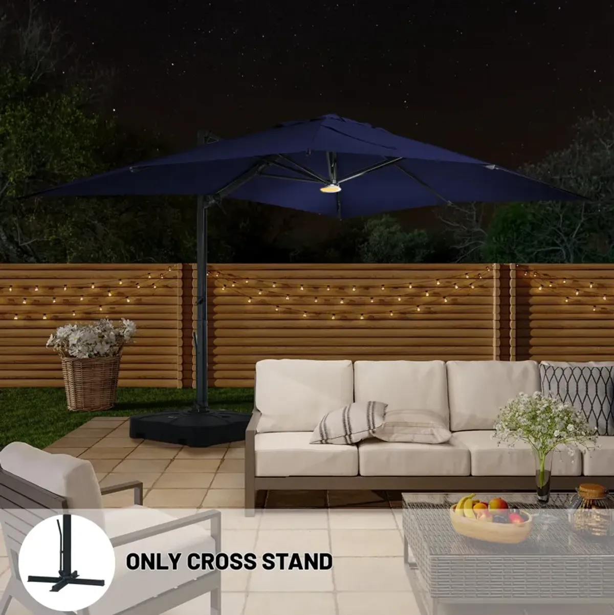 10x13 ft. 360° Rotation Square Cantilever Patio Umbrella with Bluetooth Speaker and LED Light in Navy Blue