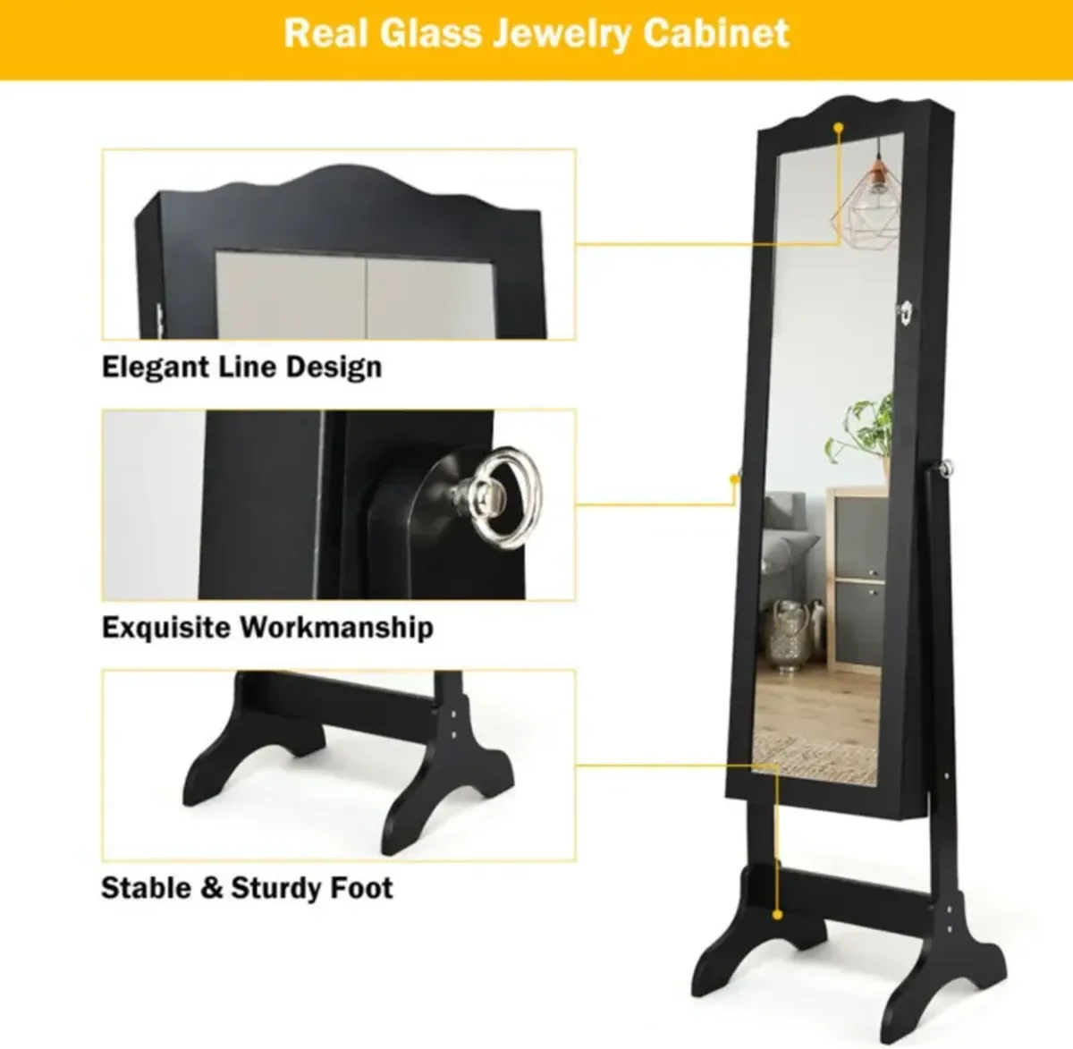 Hivvago Mirrored Lockable Jewelry Cabinet Armoire Organizer Storage Box-Black