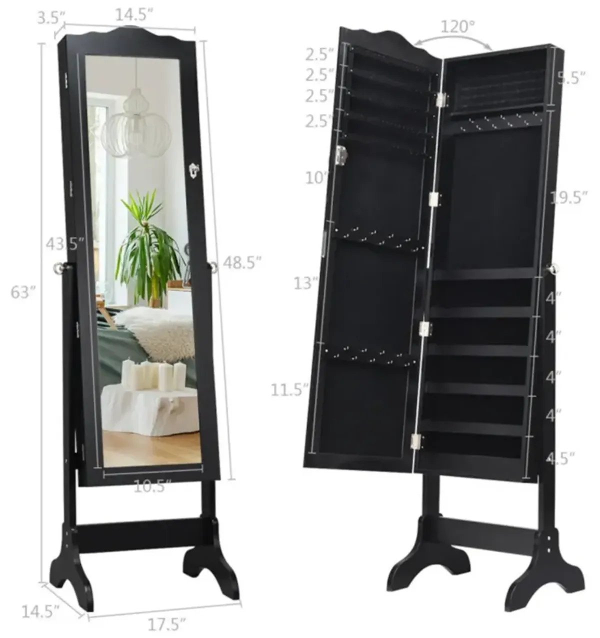 Hivvago Mirrored Lockable Jewelry Cabinet Armoire Organizer Storage Box-Black