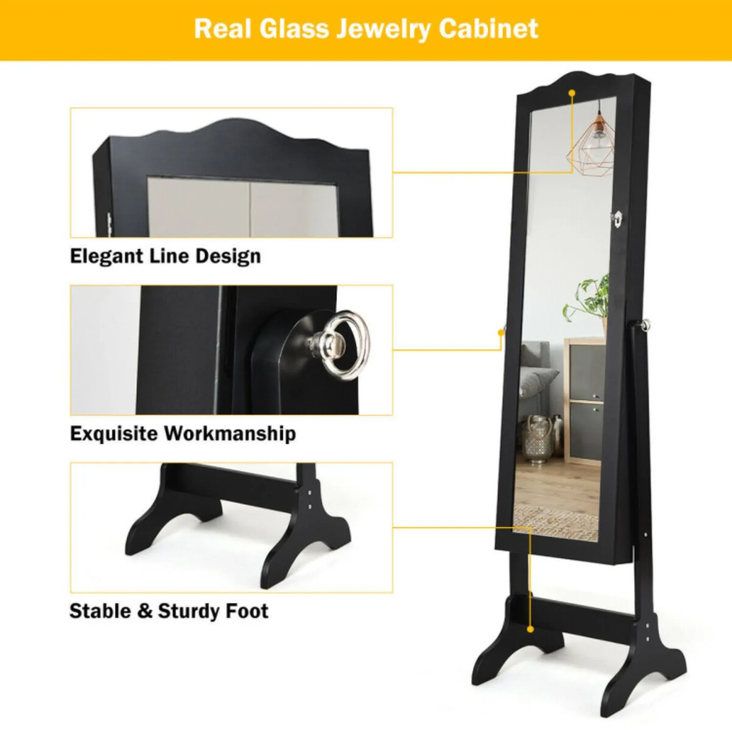 Hivvago Mirrored Lockable Jewelry Cabinet Armoire Organizer Storage Box-Black