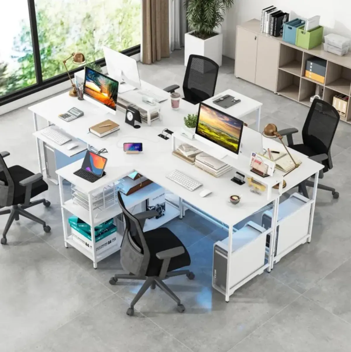 2-Person Reversible Computer Desk Long Office Desk with LED Lights