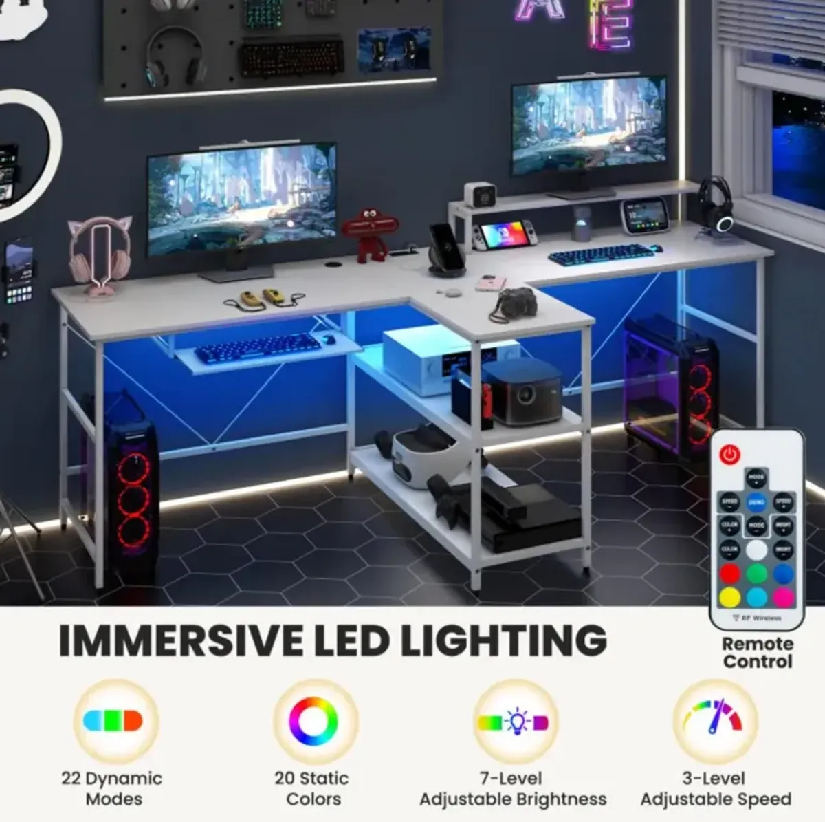 2-Person Reversible Computer Desk Long Office Desk with LED Lights