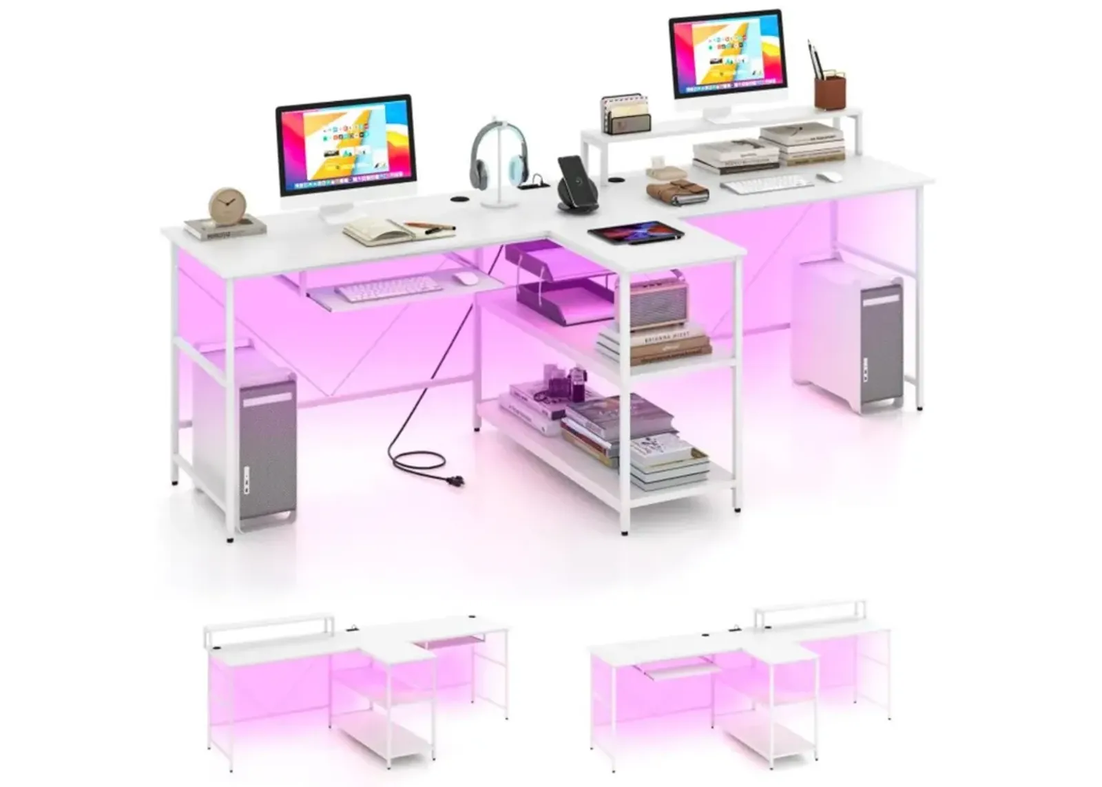 2-Person Reversible Computer Desk Long Office Desk with LED Lights