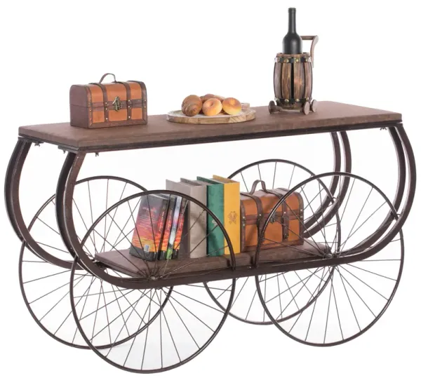 Two Tier Wagon Style Industrial Wooden and Metal Side End Table with Big Wheels
