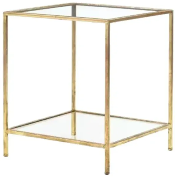 Hivvago Square Accent Side Table Gold Metal Frame Glass Top Bottom Shelf Sofa Table